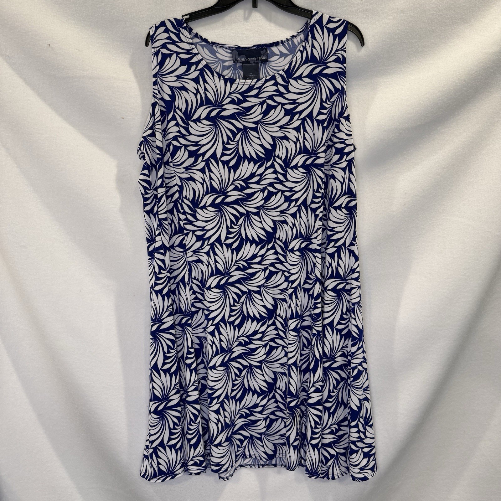 Susan Graver Blue White Tropical Palm Leaf Print Sleeveless Midi Dress 1X