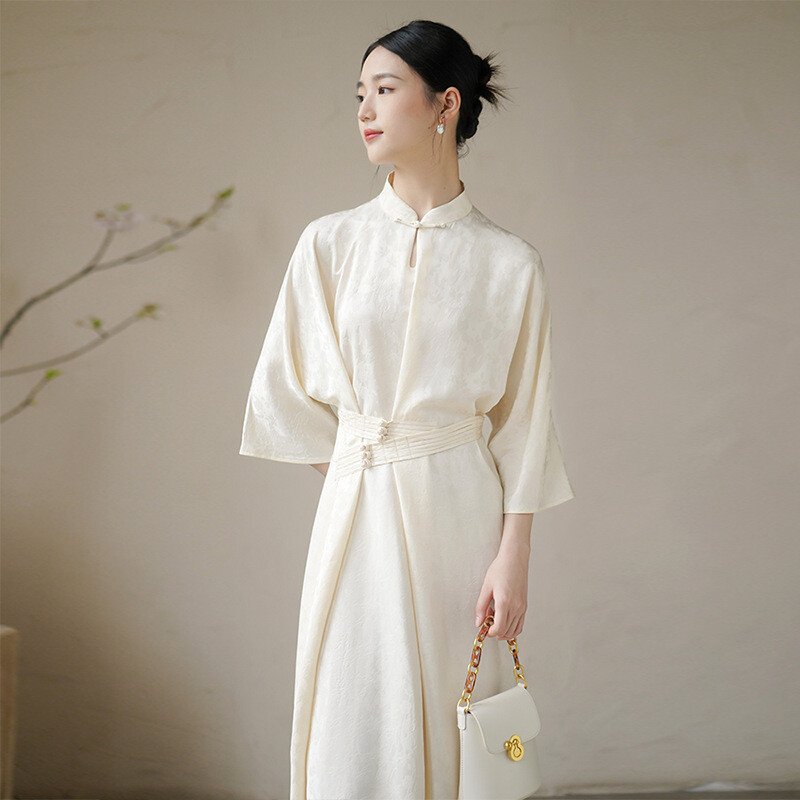 Retro Chinese Style Zen Design Womens Stand Collar 3/4 Sleeve Long Dresses Qipao