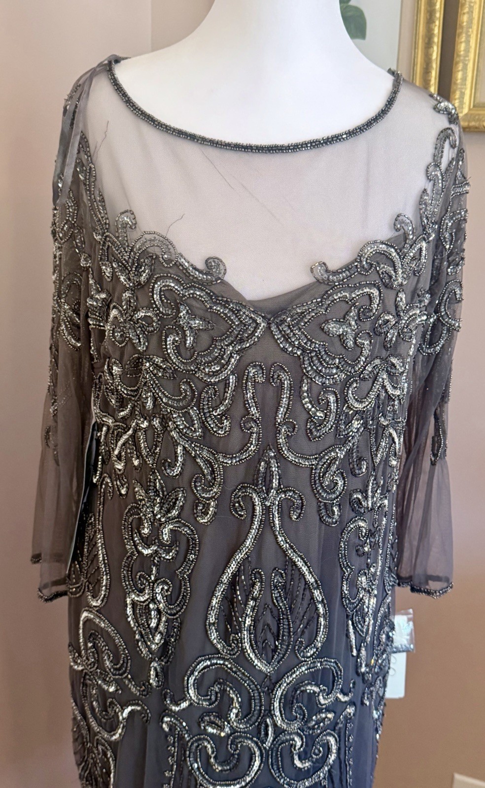 Embellished Gray Long Sleeve Beaded Dress