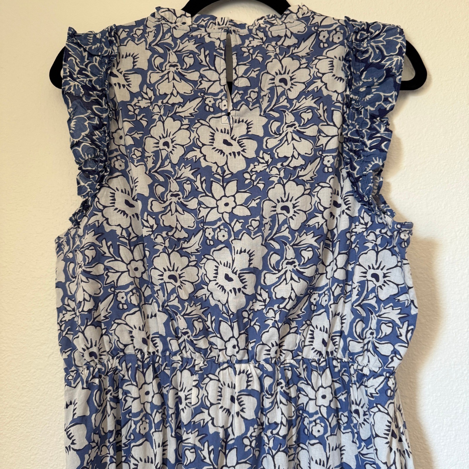 J.Crew Blue Floral Block Print Ruffle Tiered Midi Dress Pockets CA214 Sz 12 NWT