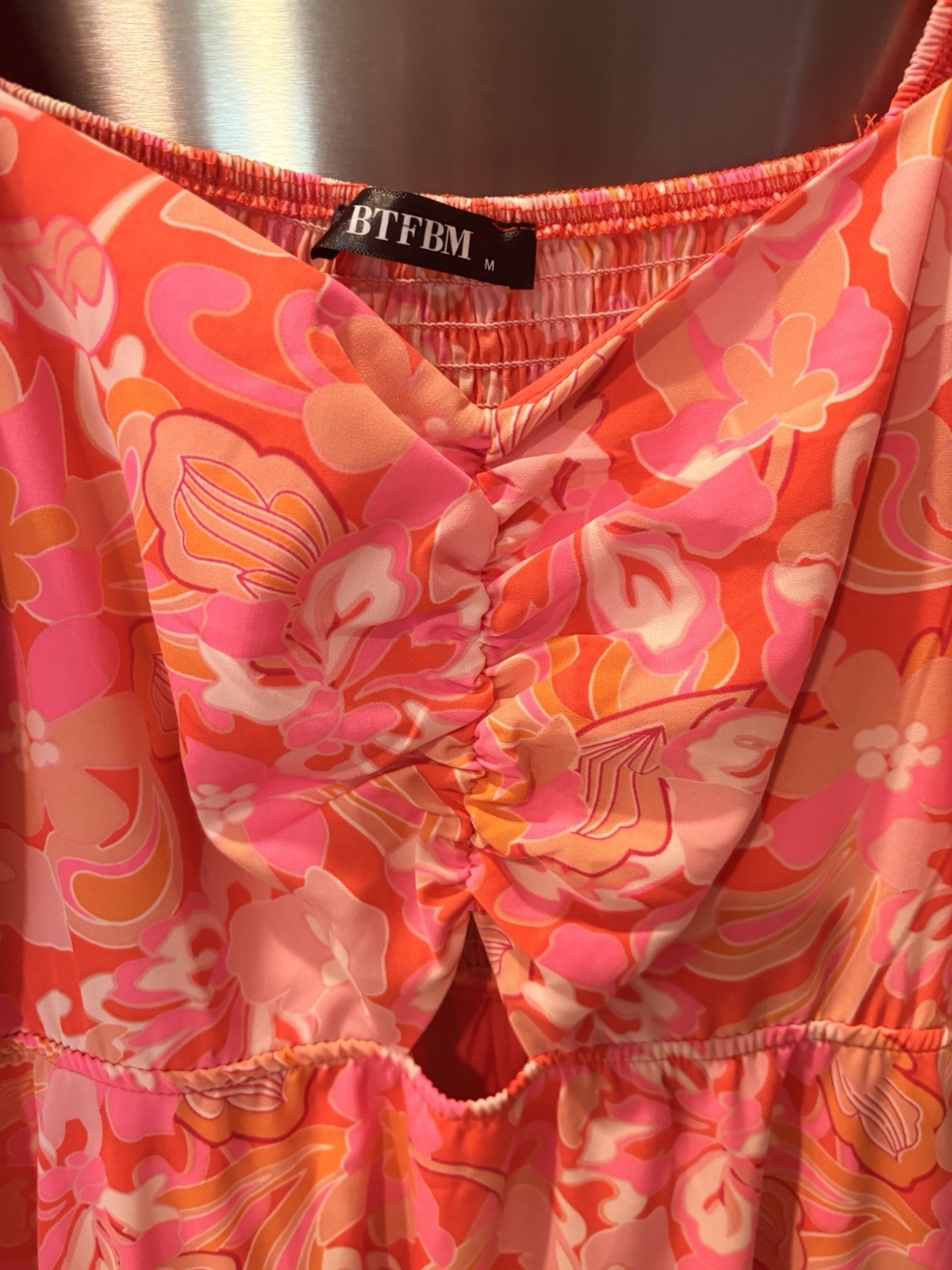 BTFBM Pink Orange Floral Smocked Ruched Lined Square Neck Puff Midi Dress Sz M