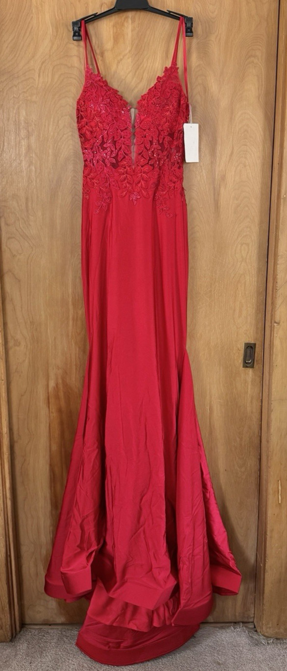 Allie B Dress 7118 Sz 00 Red Lace Floral Accent Long Mermaid Formal Prom NWT