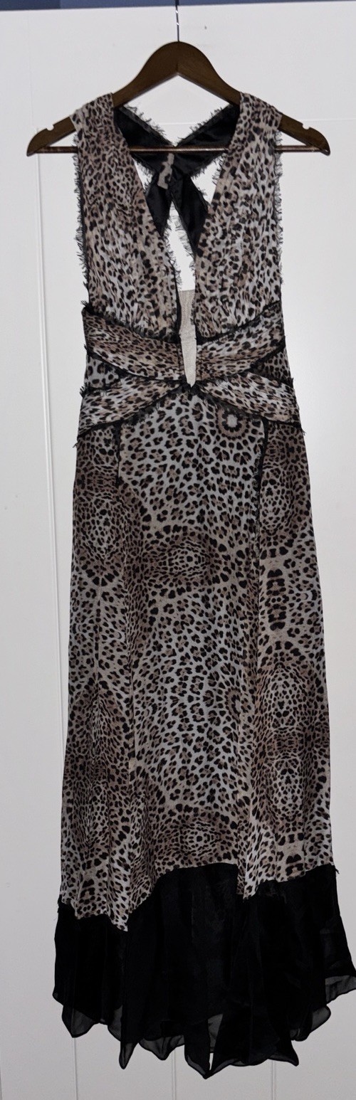 MANDALAY Silk Grey Leopard Black Brown Sleeveless Maxi Evening Dress Size 8 NEW