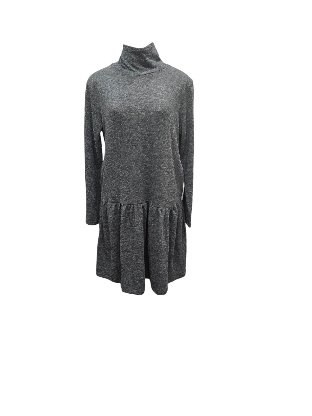 NWT YELETE Heather Charcoal Turtleneck Mock Neck Ruffle Drop Waist Dress Medium
