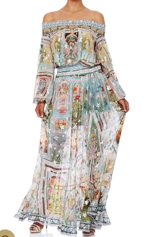 Camilla Off Shoulder Shirred Dress Size L Matriarch Musings Long $699 Stars