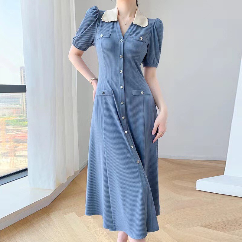 Sandro V-neck A-line Dress Single Breasted Short Sleeve Midi Dress for Women
