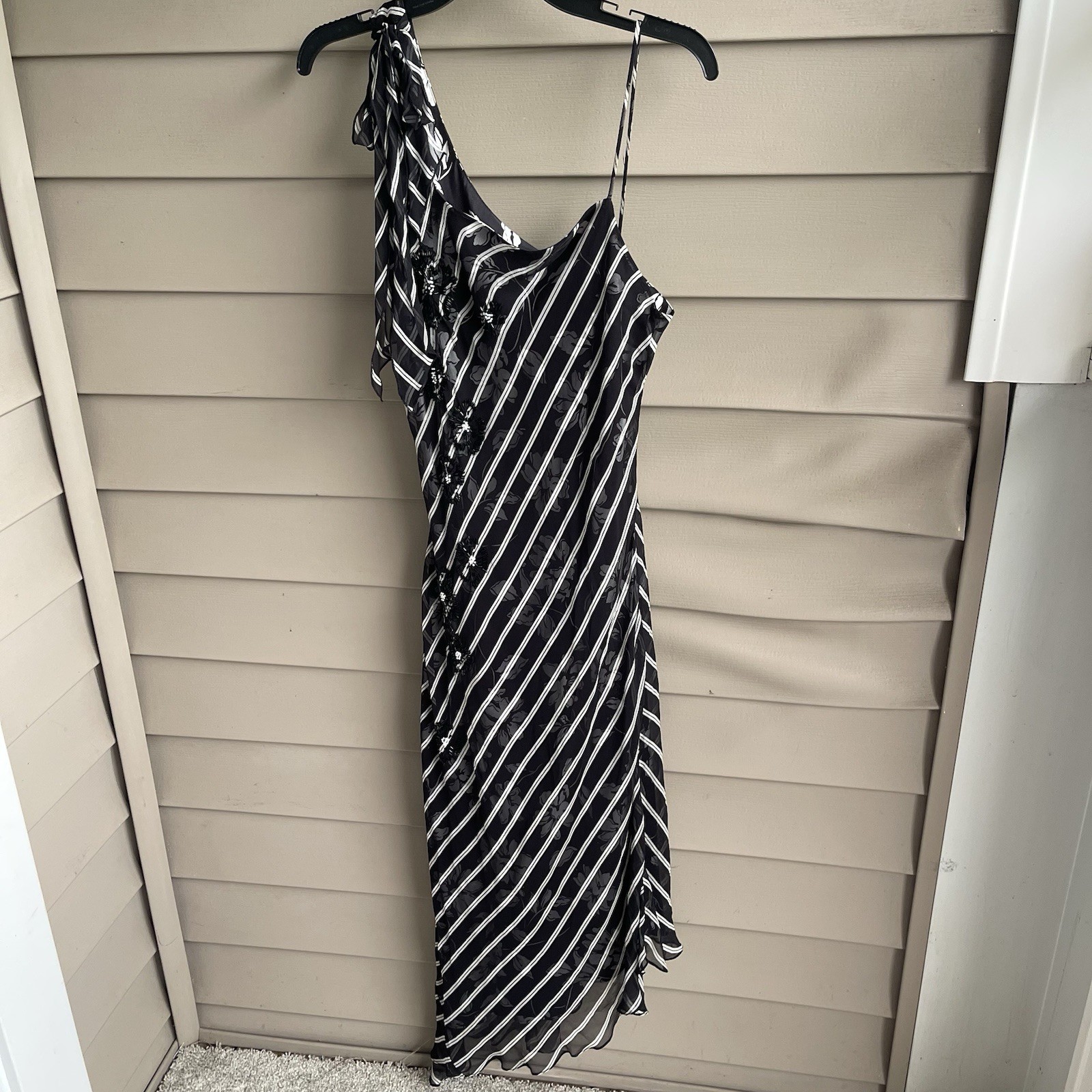 Vtg Laundry Shelli Y2K Beaded Silk Dress Size 12 Black Midi Asymmetric Floral