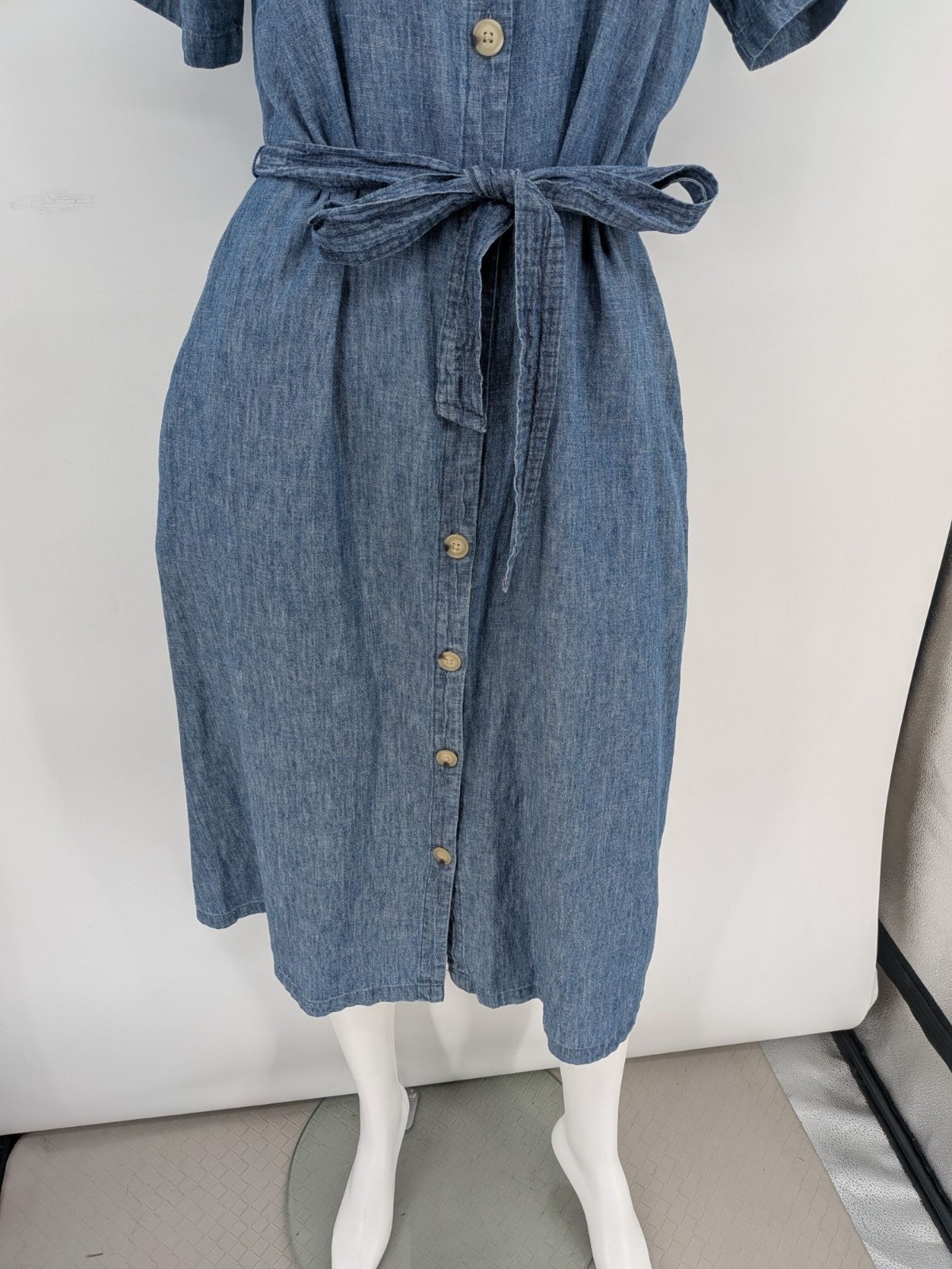 Linen Blend Chambray Midi Dress Button Up Coastal Cottage Minimalist Belt Small