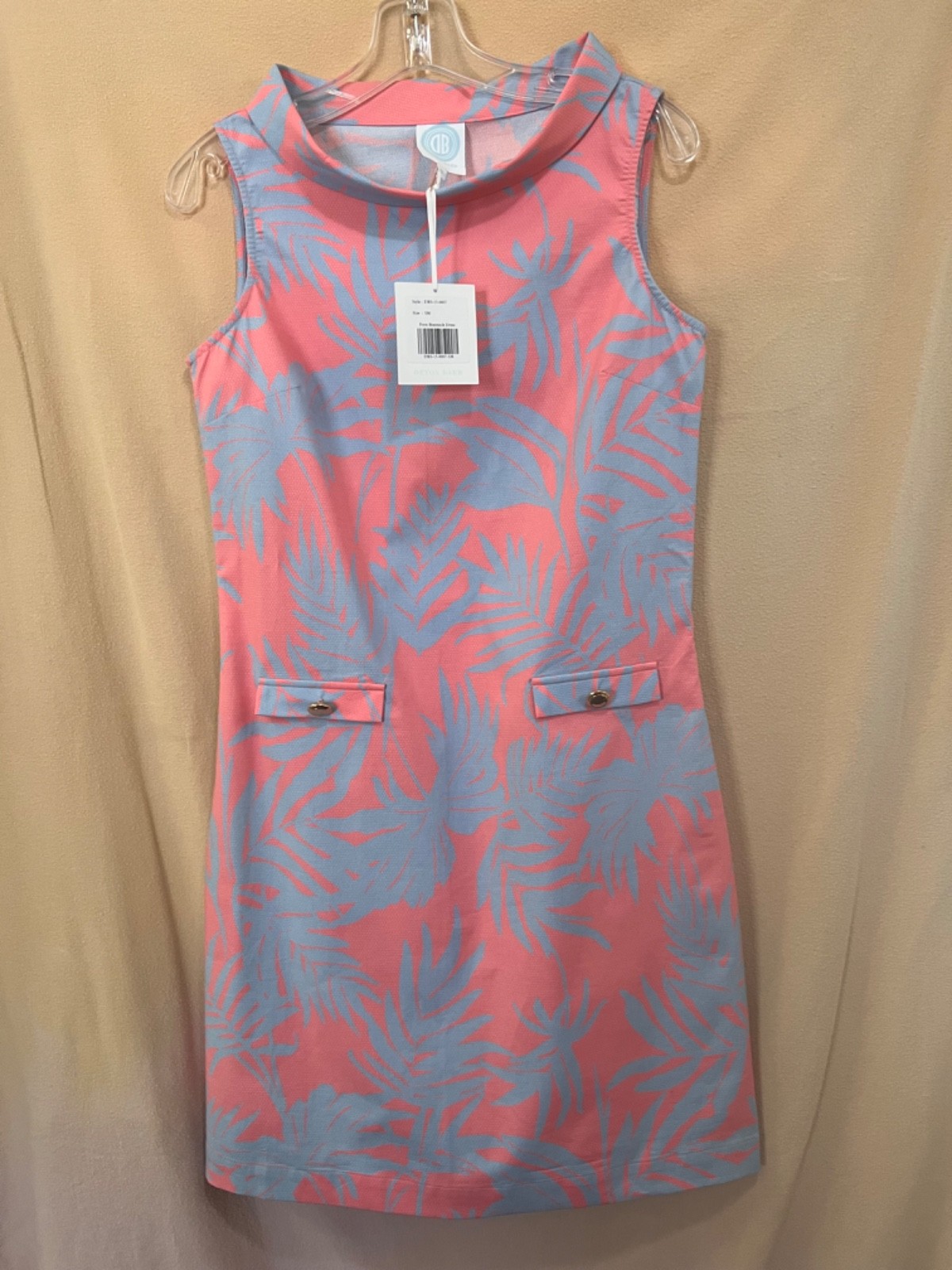 Devon Baer sleeveless coral Boatneck dress with palm leaf pattern, size S