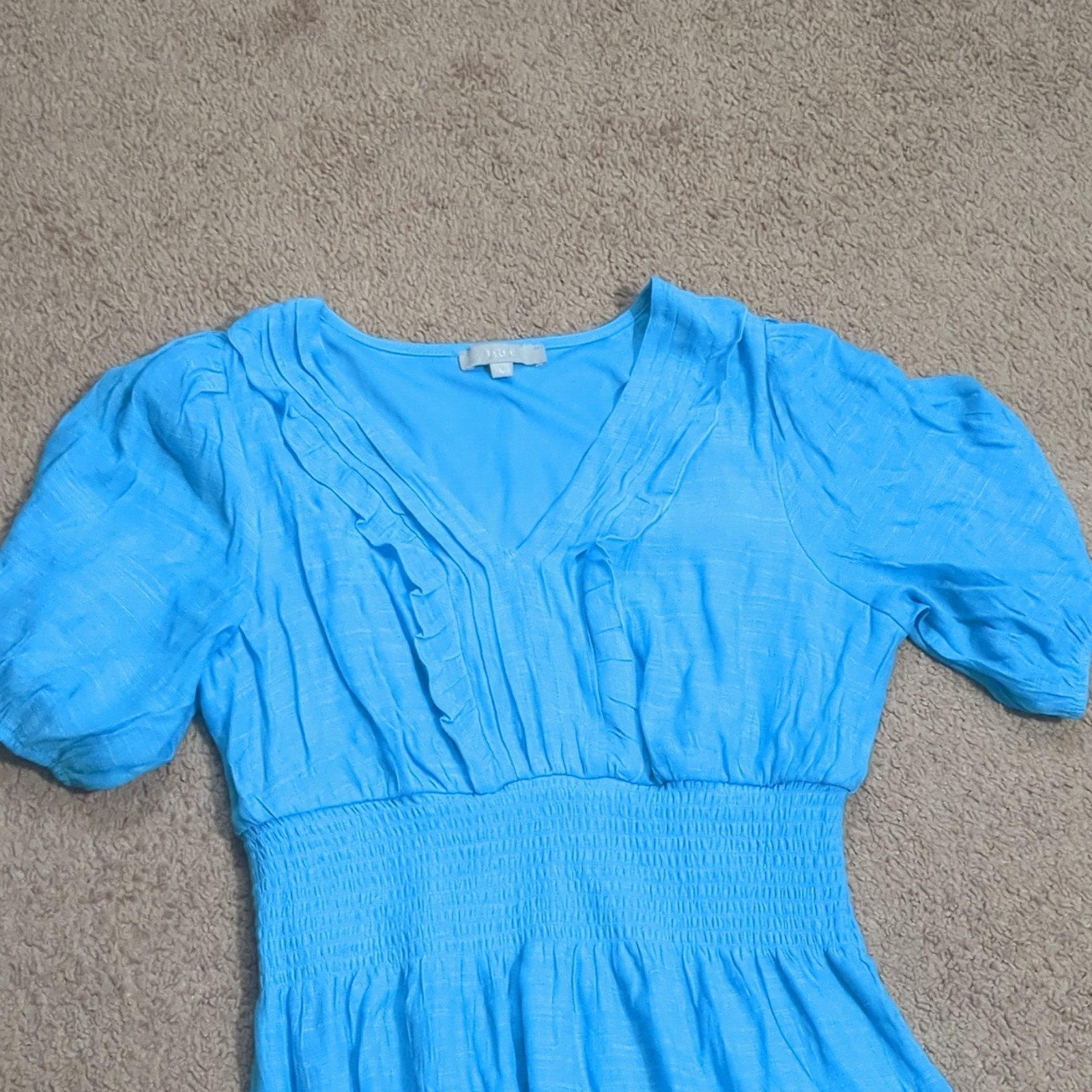 J.GEE Blue Solid Midi Dress Ruffle Smocked V-Neck Puff Short Sleeve Size L
