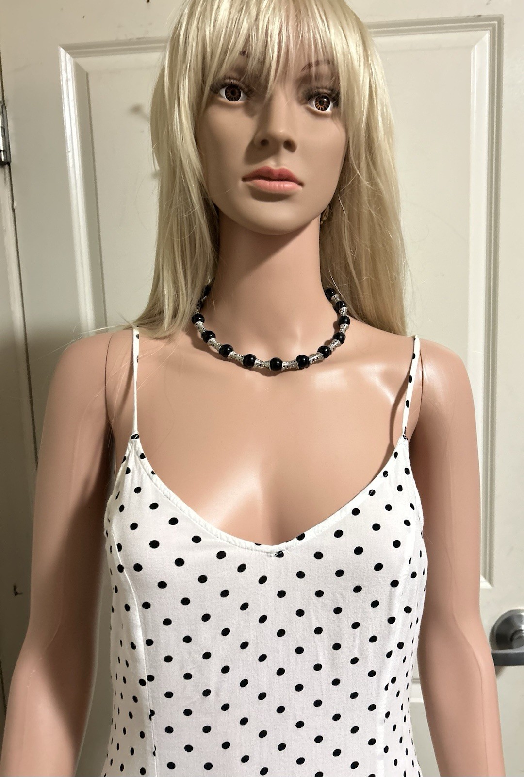 Divided White & Black Polka Dot V-Neck Slip Sundress Adjustable Straps 2