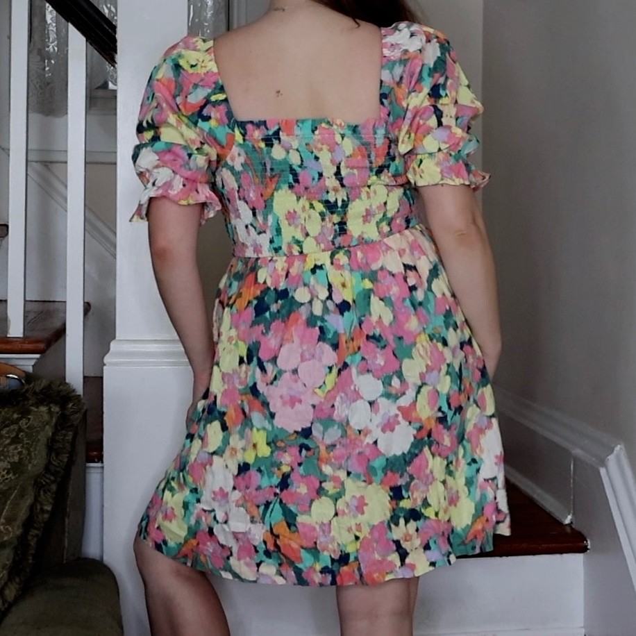GAP Linen Floral Smocked Puff Sleeve Dress Square Neck Cottagecore SZ Medium
