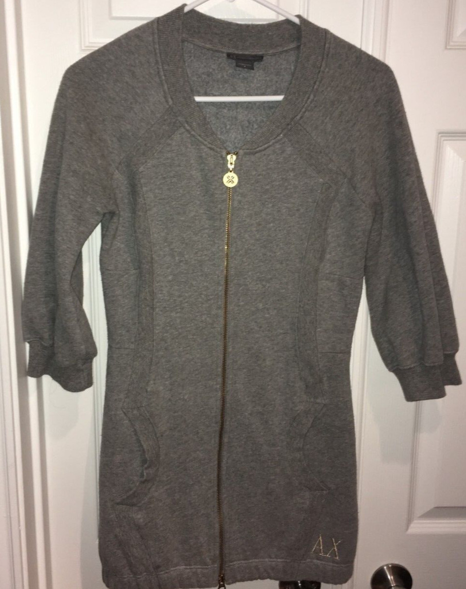 A/X Armani Exchange Woman’s Sz S Sexy Mini Dress Gray Front Zipper Gold Logo
