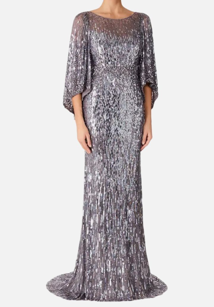 Jenny Packham Women’s Silver Sequins Embellished Boatneck Ines Dress Size 8