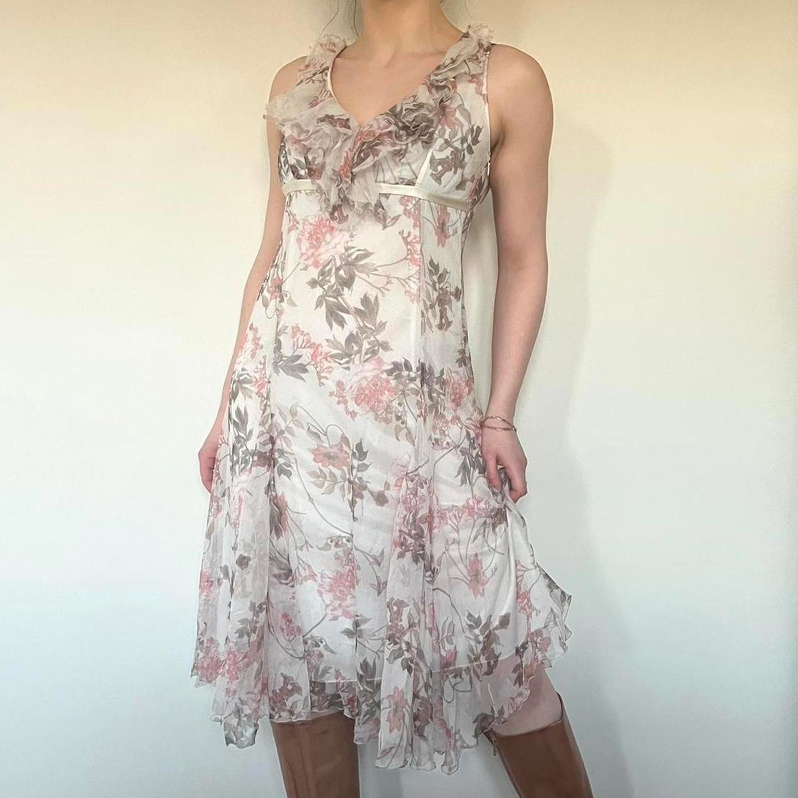 Vintage Italian pure silk ruffle white pink floral fairy floaty midi dress