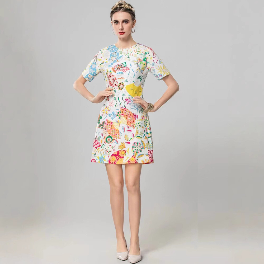 Occident Runway New Beaded Women’s Loose Short Sleeve Printed Midi Dress A-line