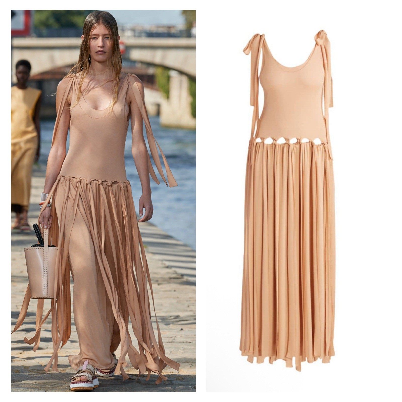 Chloé Fringe Knit Maxi Dress Sleeveless Beige Tan FR 38 US 6 Boho Resort NWT 🟡