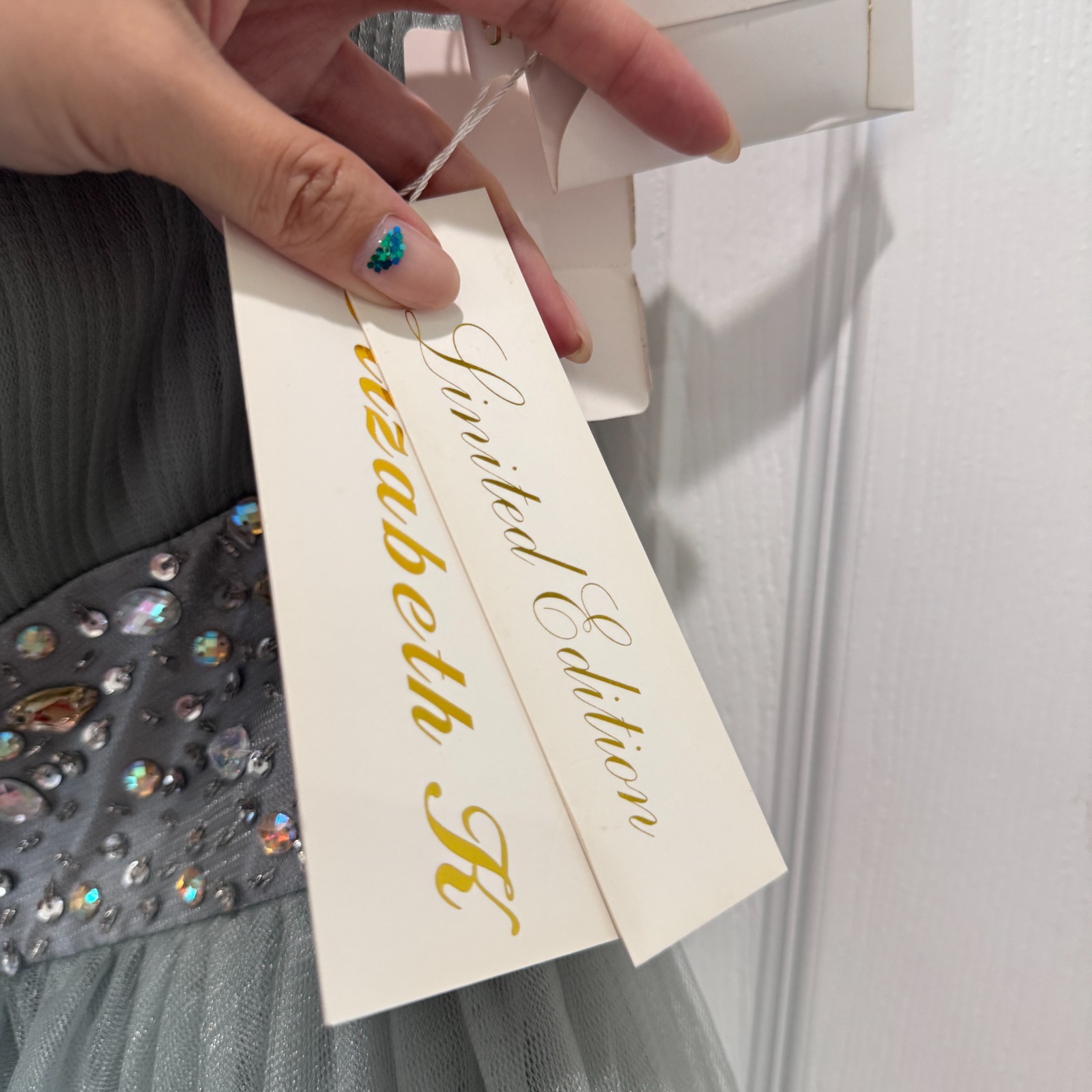 NWT GLS Limited Edition Strapless Beaded Tulle Prom Party Dress L Sage Gray