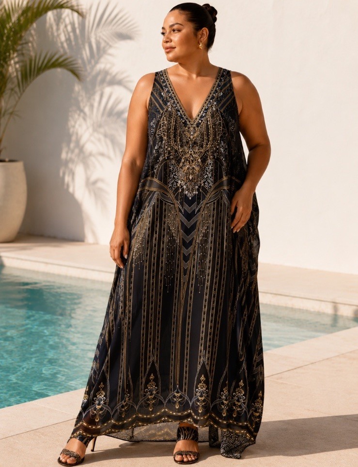 Camilla Long Multiwear Dress Great Scott Silk Kaftan Crystals Black Gold $749