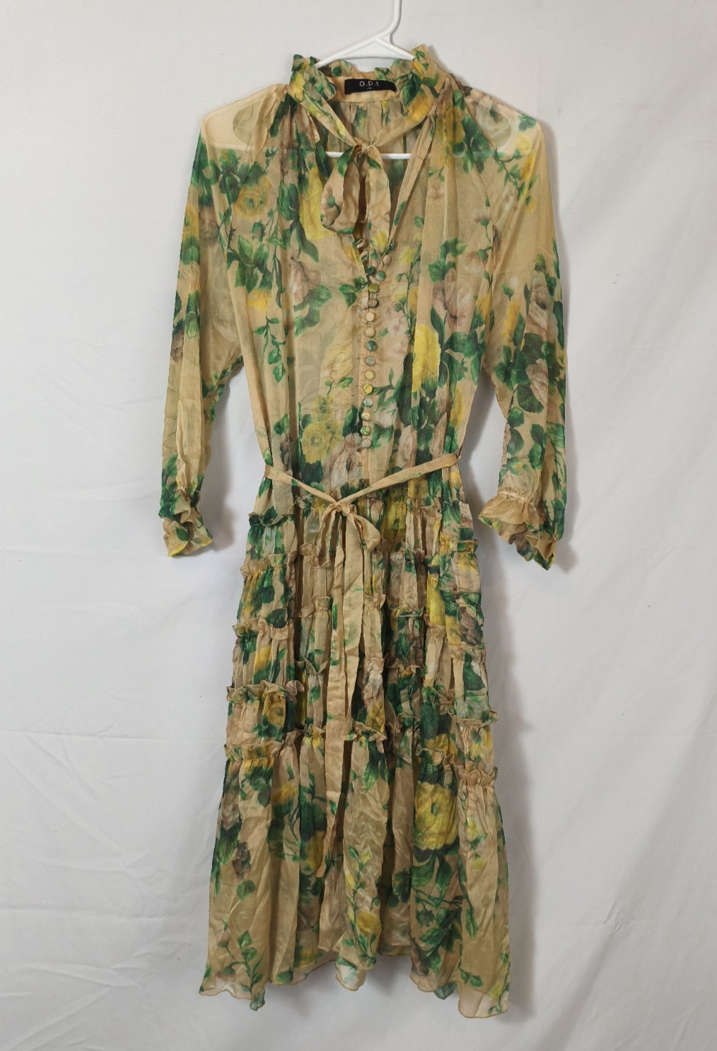 O.P.T. Sheer Yellow Green Floral button up midi dress kitty bow Size M romantic