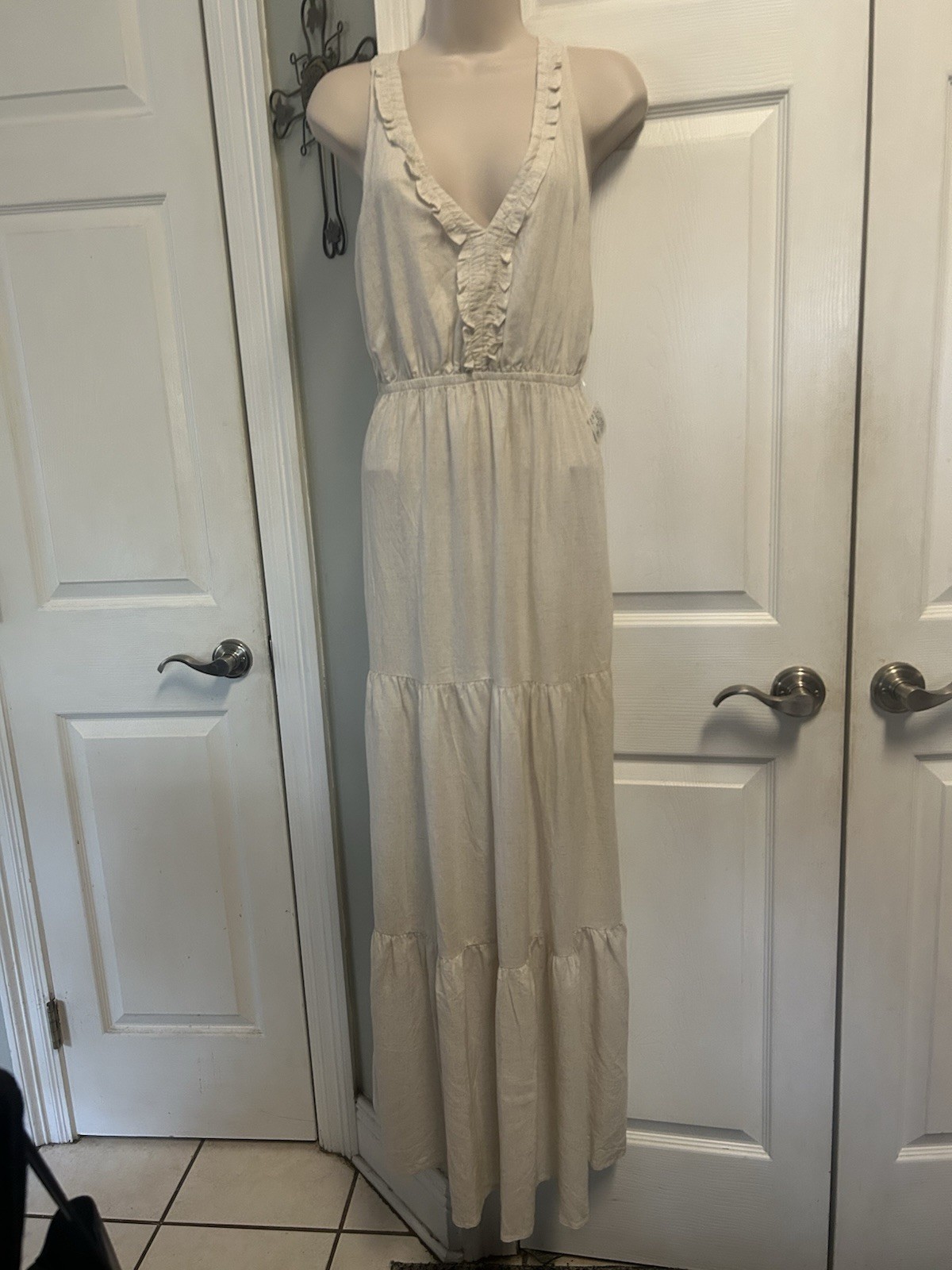 NWT Promesa Womens Maxi Dress Sz Medium Flax Tiered Peasant Ruffle Boho Western
