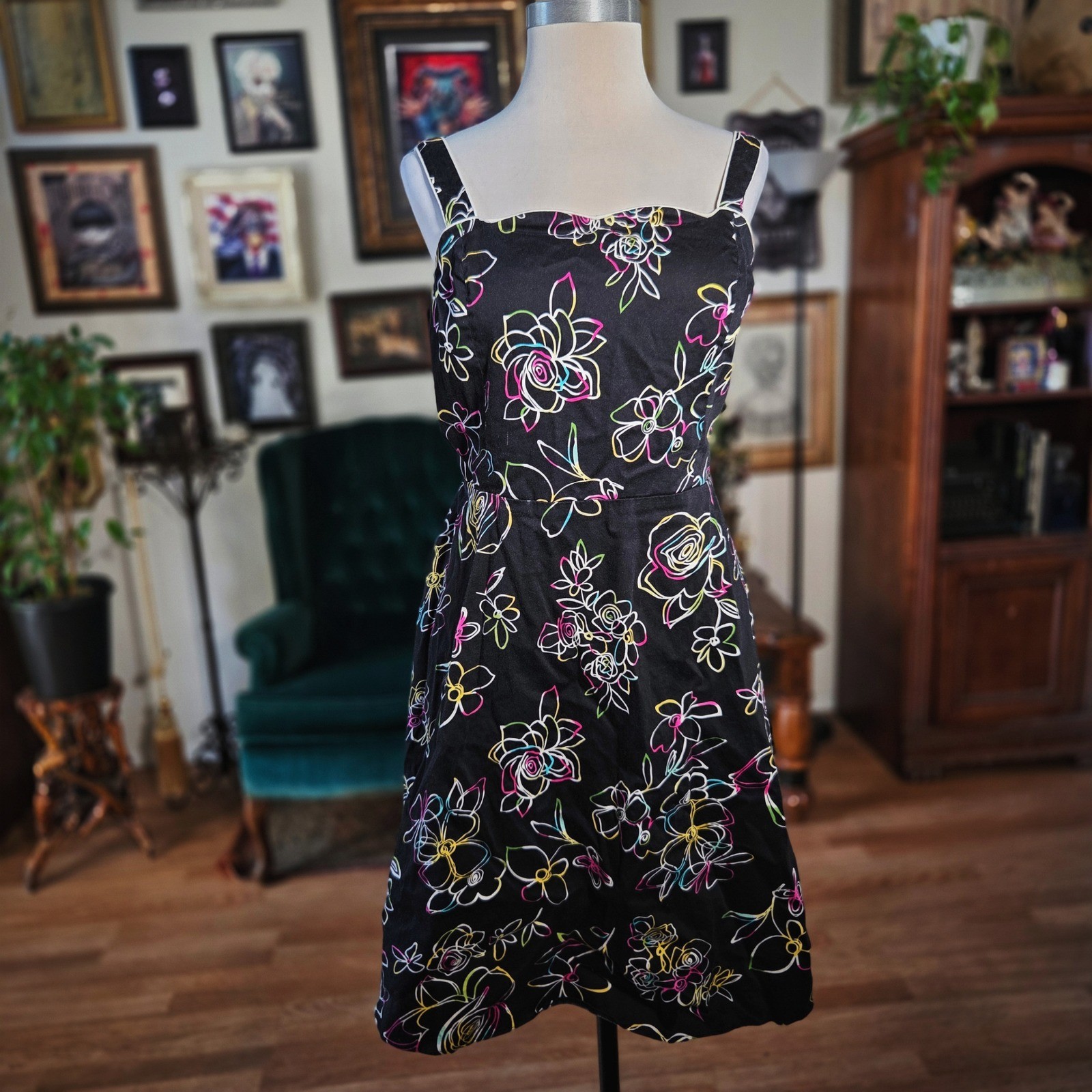 Madison Leigh Floral Dress Black Neon Pink Yellow Smocked Fit Flare Women 16