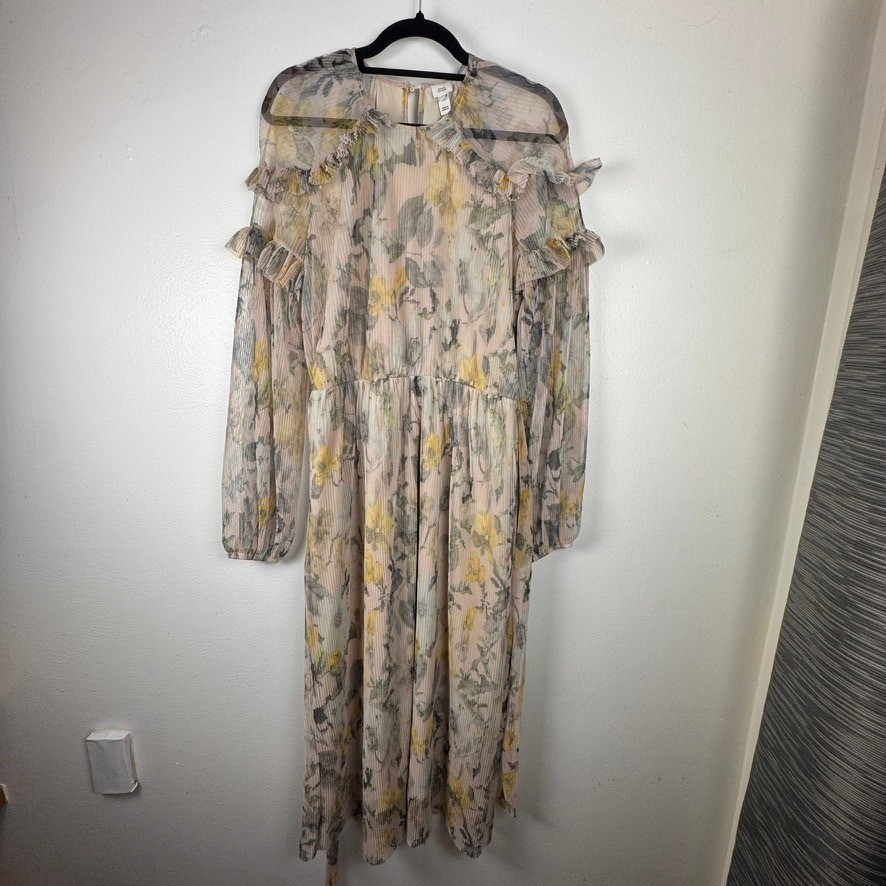 River Island Floral Pleated Mesh Midi Dress Womens 14 Pink Yellow Ruffle Belted