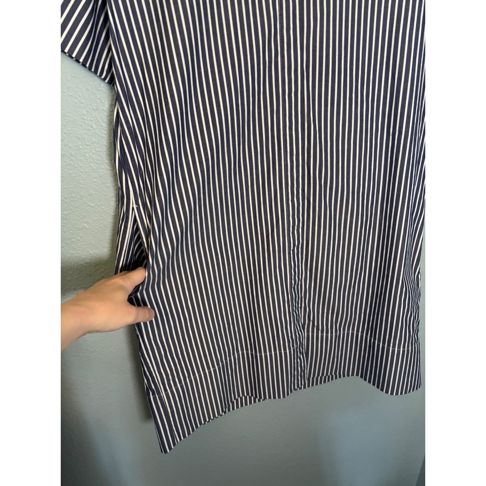 Everlane Womens Navy White Striped Band Collar Short Sleeve Mini Shirt Dress 6