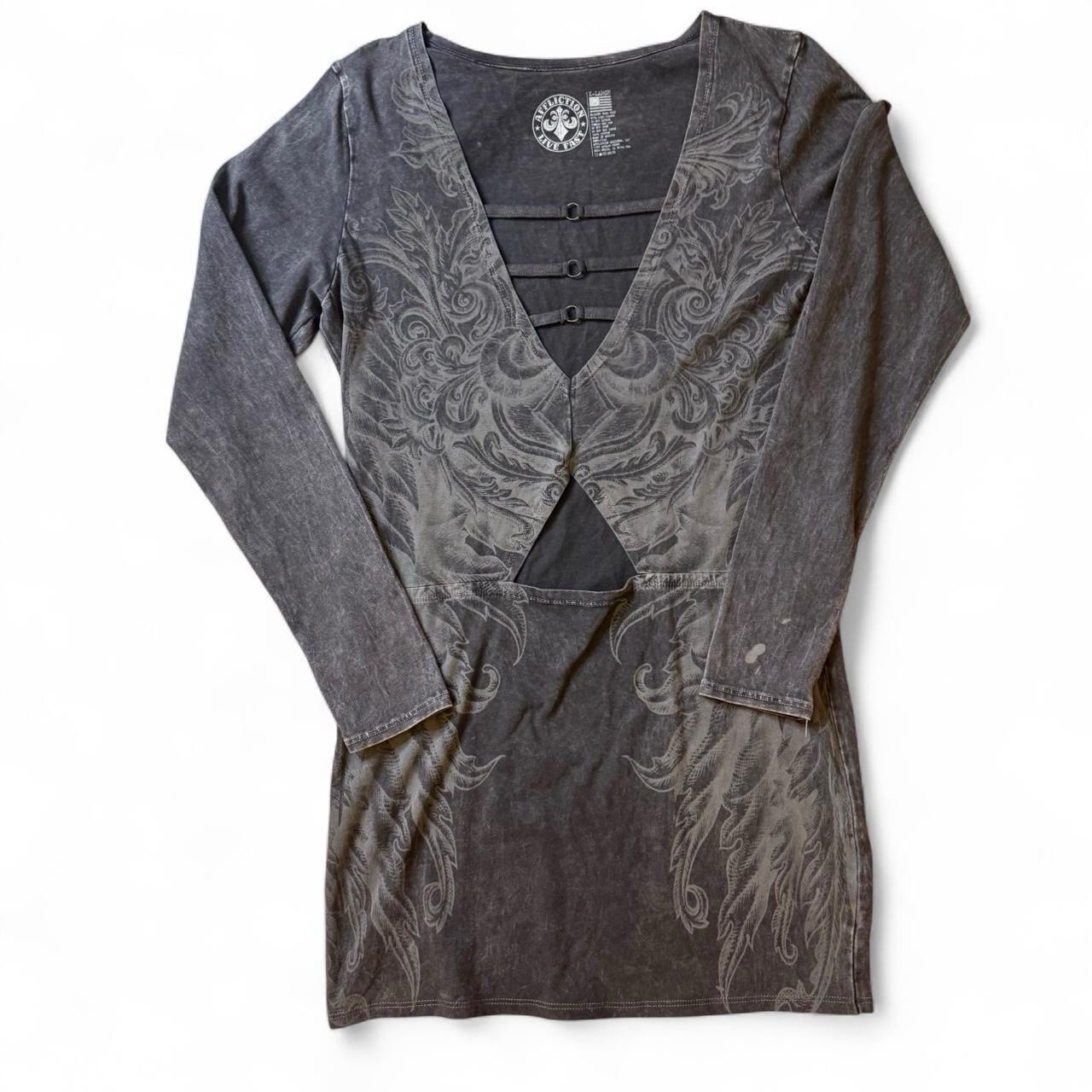 NWOT Affliction Clothing Scale LS Mineral Black Strappy V Front Mini Dress Sz XL