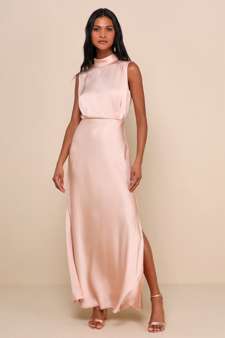 Lulus Classic Elegance Blush Satin Mock Neck Maxi Dress NWT M