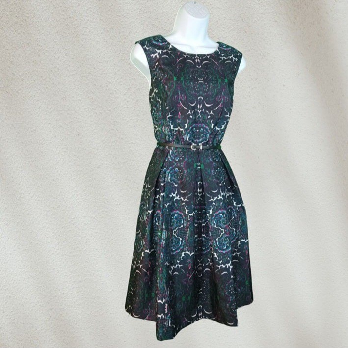 Liz Claiborne Sleeveless Aline Paisley Print Belted Dress Women”s Size 8