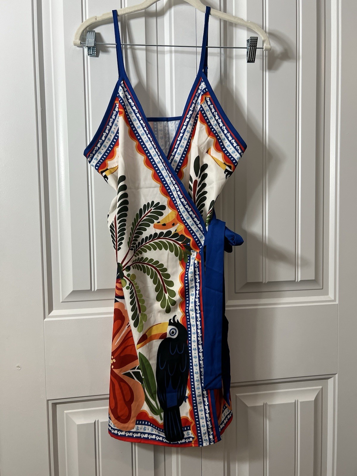 Colorful Tropical Bird Floral Print Wrap Sundress M V-Neck Tie Strap Sleeveless