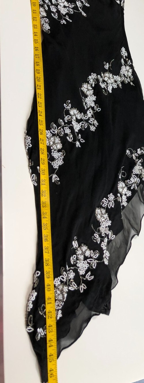 Vintage SCALA 100% Silk Beaded Dress Black Floral Asymmetric Hem Prom Formal L.