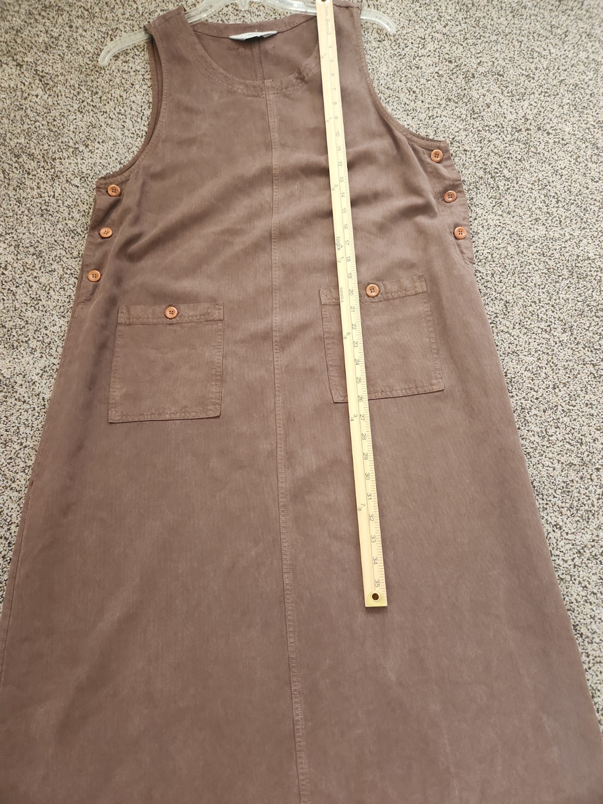 Vtg AKS Amy K Su Womens Large Pinafore Jumper Dress Pockets Fine Corduroy Brown