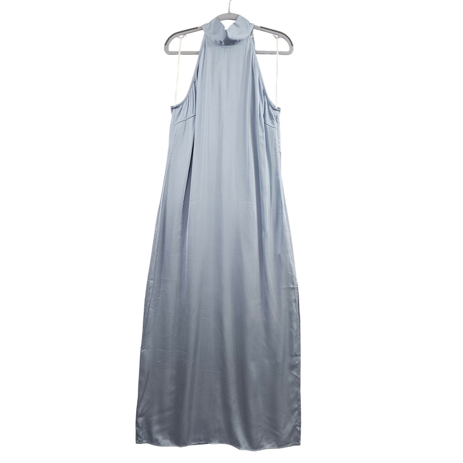 Vila Satin Halter Maxi Dress Womens 10 Light Blue Tie Back Bow Side Slit Formal