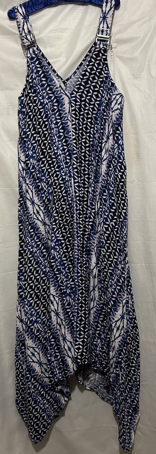 G Unit Dress L Blue Batik Rayon Boho Hippie Flowy Oversized Suspender Sundress