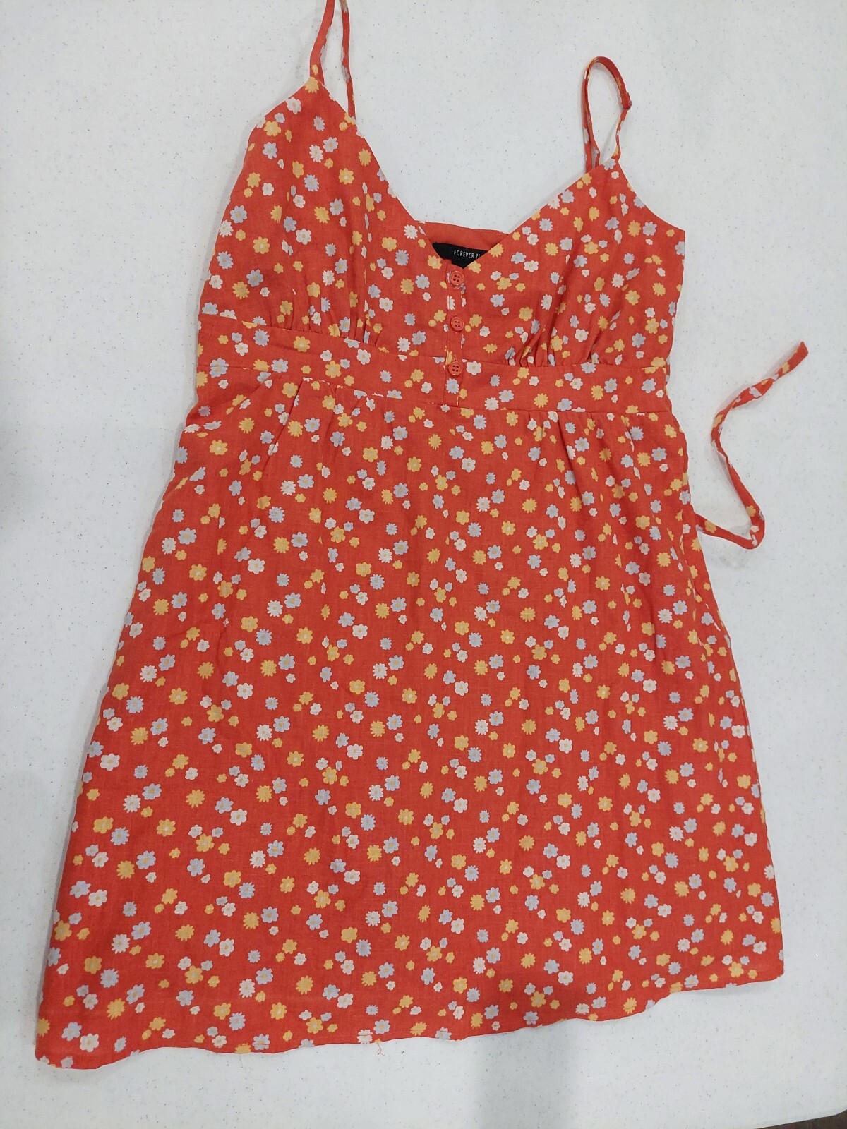 NEW Forever 21 Orange Sun Floral Spaghetti Strap Dress Size L Button Linen NWOT