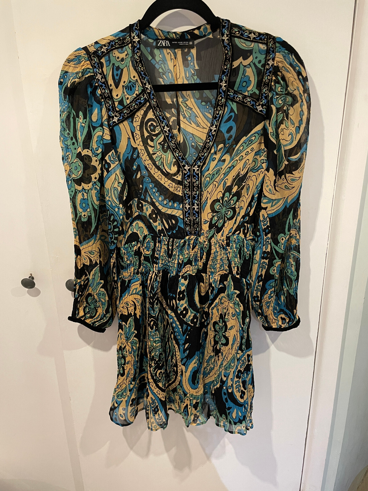 ZARA PRINTED BALLOON SLEEVES MINI DRESS WITH EMBROIDERY VELVET PIPING SIZE XS