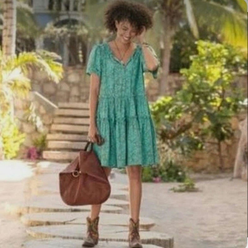 Sundance Liora Floral Leaf Cotton Tiered Ruffle Dress Short Sleeve Green S