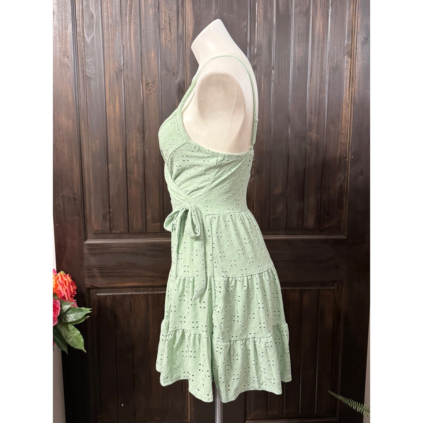 Stiletto’s Sage Green Eyelet Wrap Mini Dress Tiered Ruffle Sage Medium