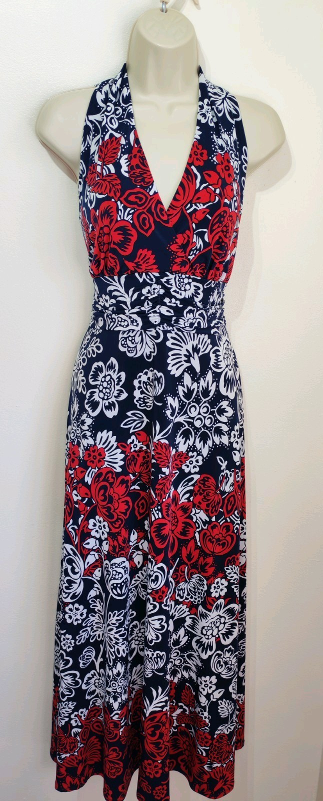 Precis navy blue red floral print slinky long maxi dress L 14 summer holiday