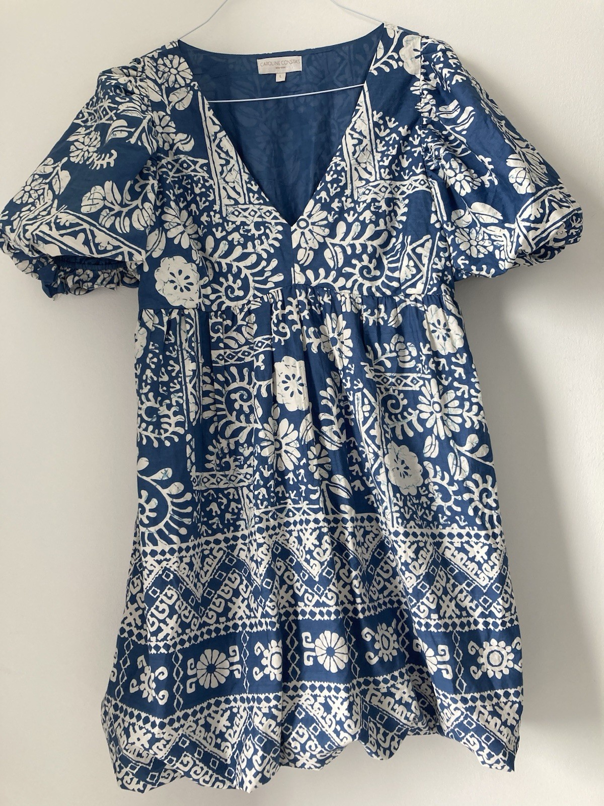 NWOT Caroline Constas Blue White Babydoll Puff Sleeve V-Neck Cotton Dress Sz L