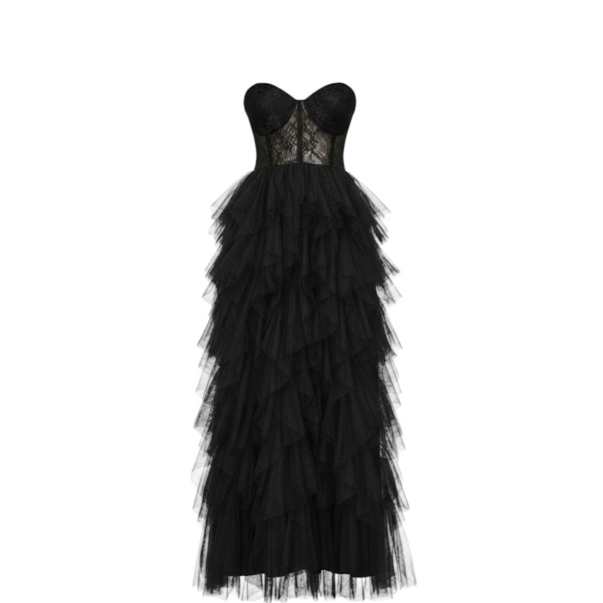 Faeriesty Maxi Dress Sz 1XL Black Lace Corset Tiered Tulle Gown Goth Prom