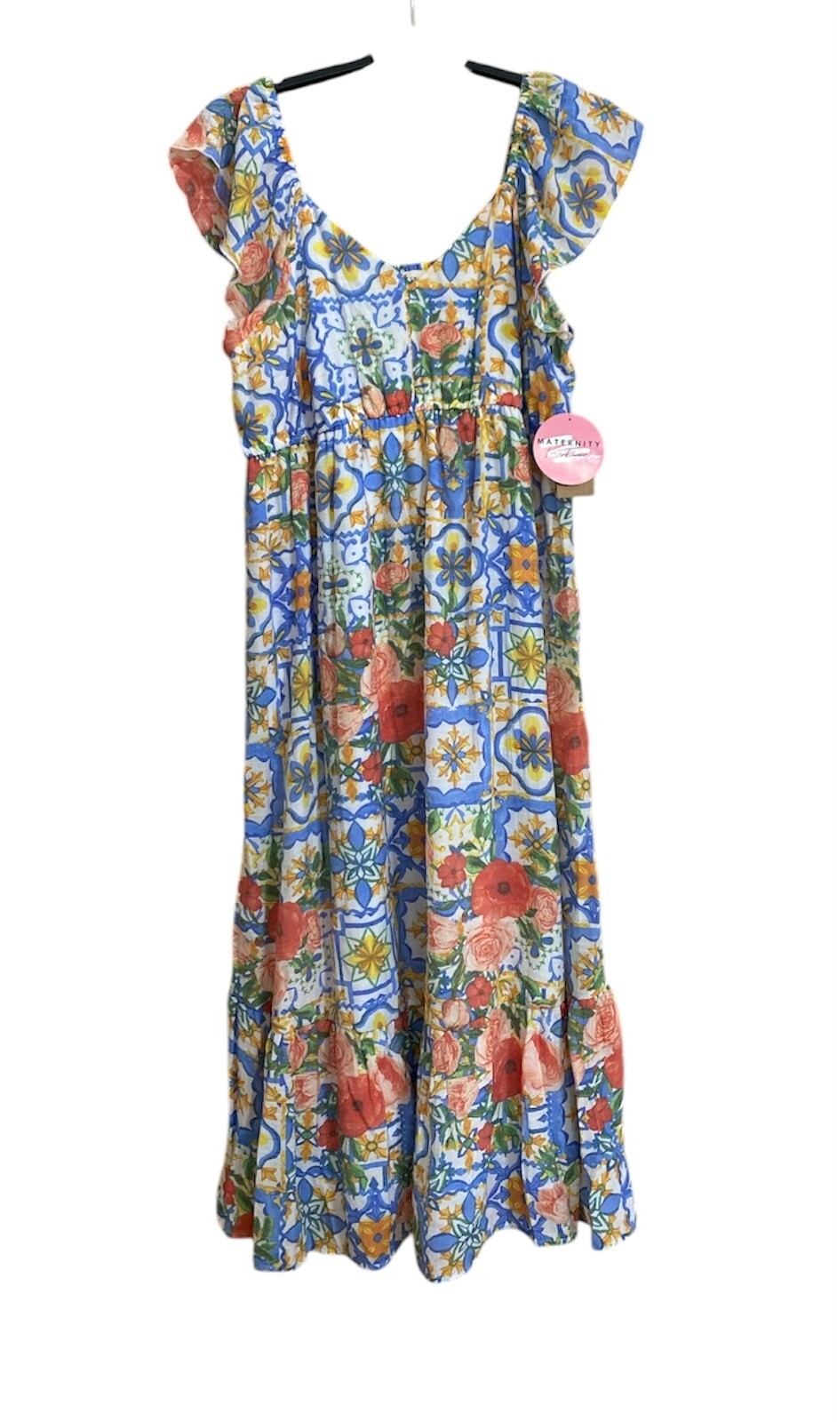 Just Found Floral Dress Women XL MultiColor New Cap Sleeves Ruffle Hem V-Neck