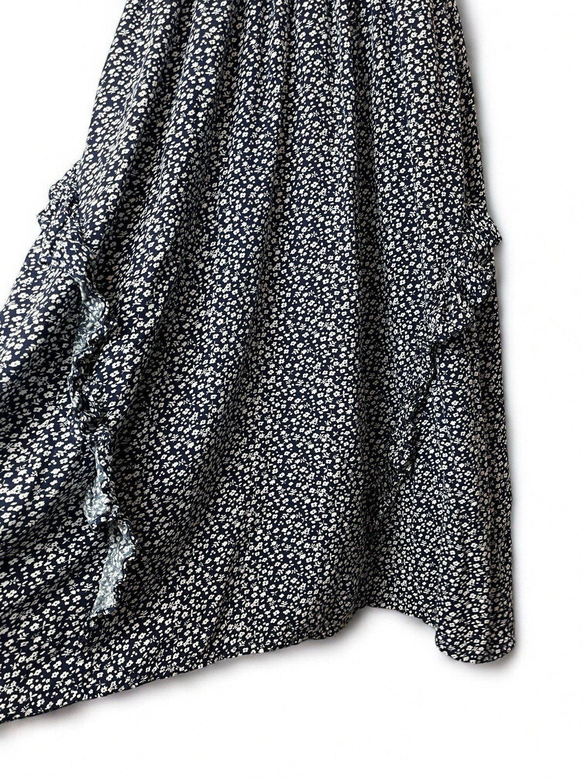 Violet Skies Maxi Dress Size Medium Navy Floral Ruffle Short Sleeve