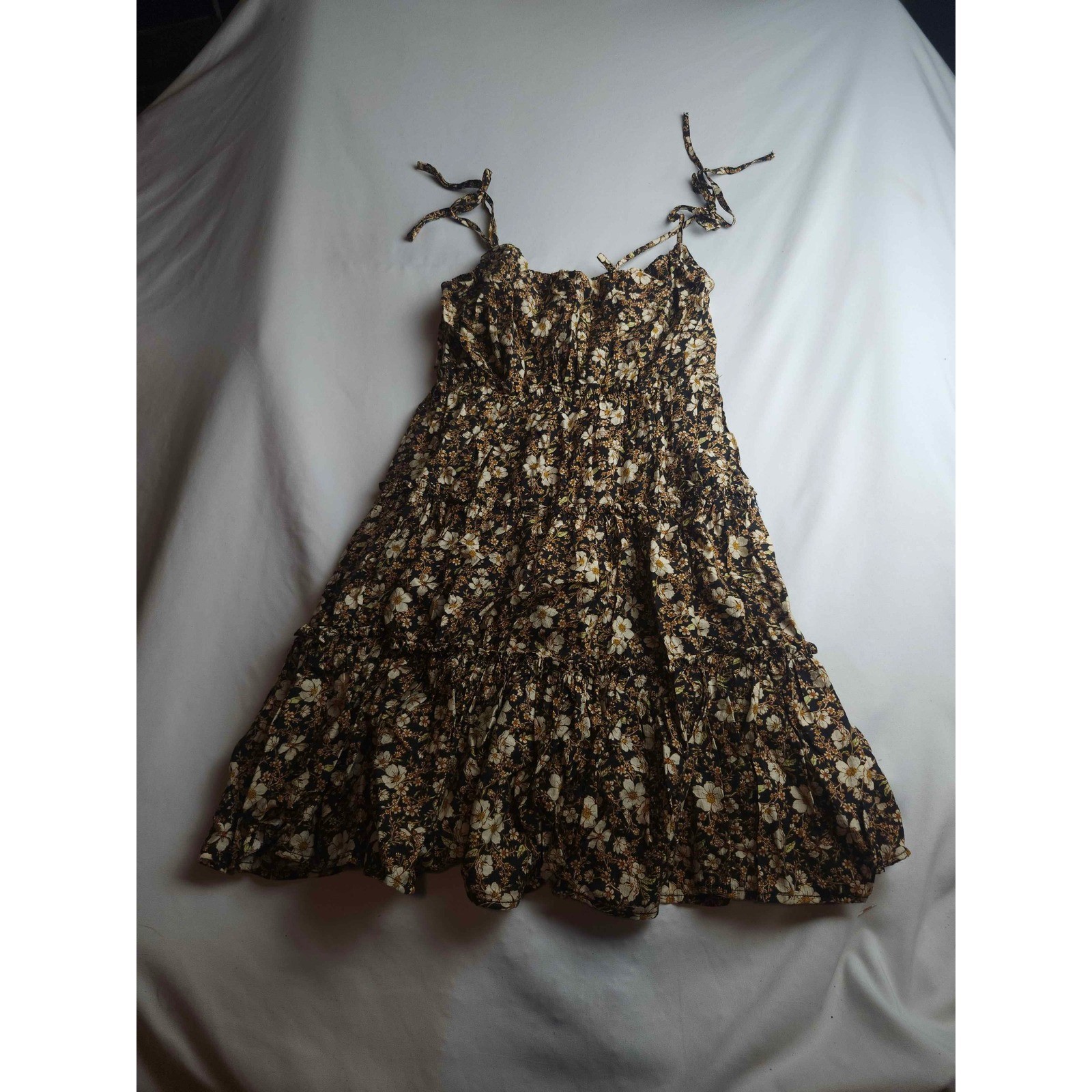 Altar’d State Floral Tiered Mini Dress Tie Shoulder Cream Tan Womens Small