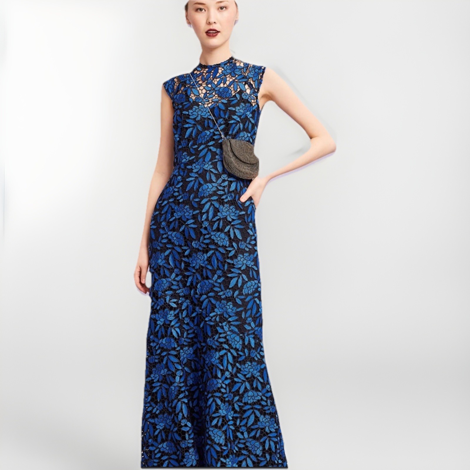 Shoshanna Midnight Dubois Lace Maxi Dress Blue Black Floral Long Sz 10 Evening