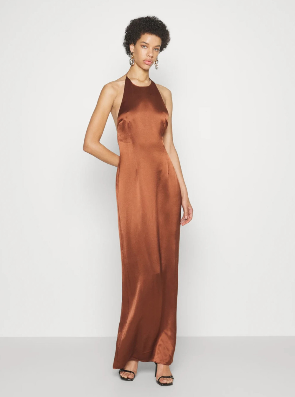NWT $475 STAUD Janet Satin Halter Maxi Dress in Clove 12