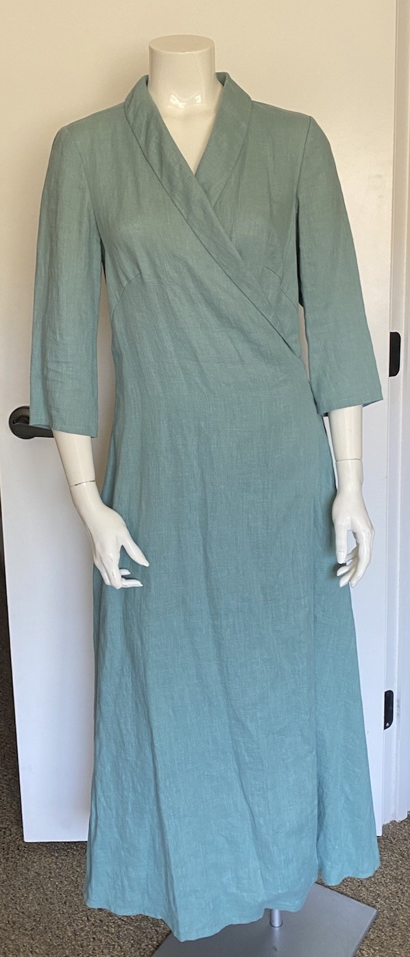 LINEN HANDMADE STUDIO Marlena Wrap Dress NWT Sage / Sea Foam Green Pockets 12