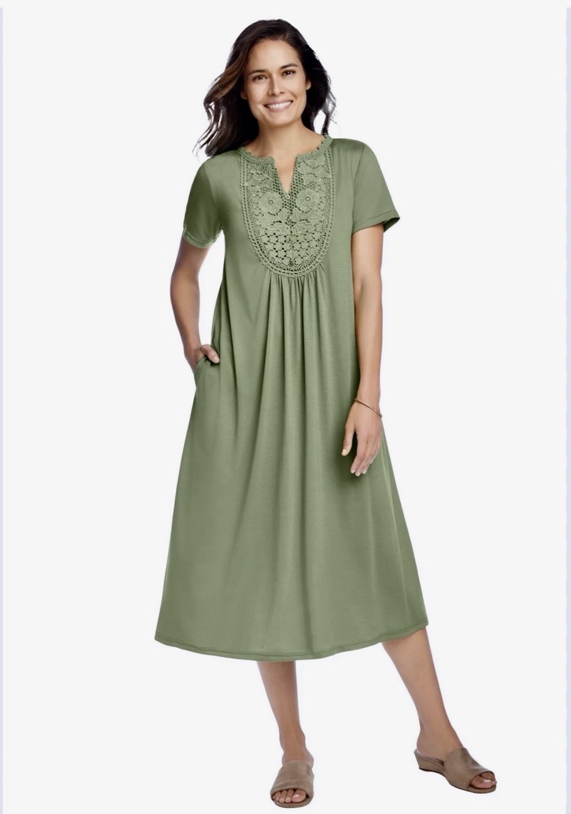 Woman Within Embroidered Lace Comfy Midi Dress 26/28 2X Sage Green Casual Lounge